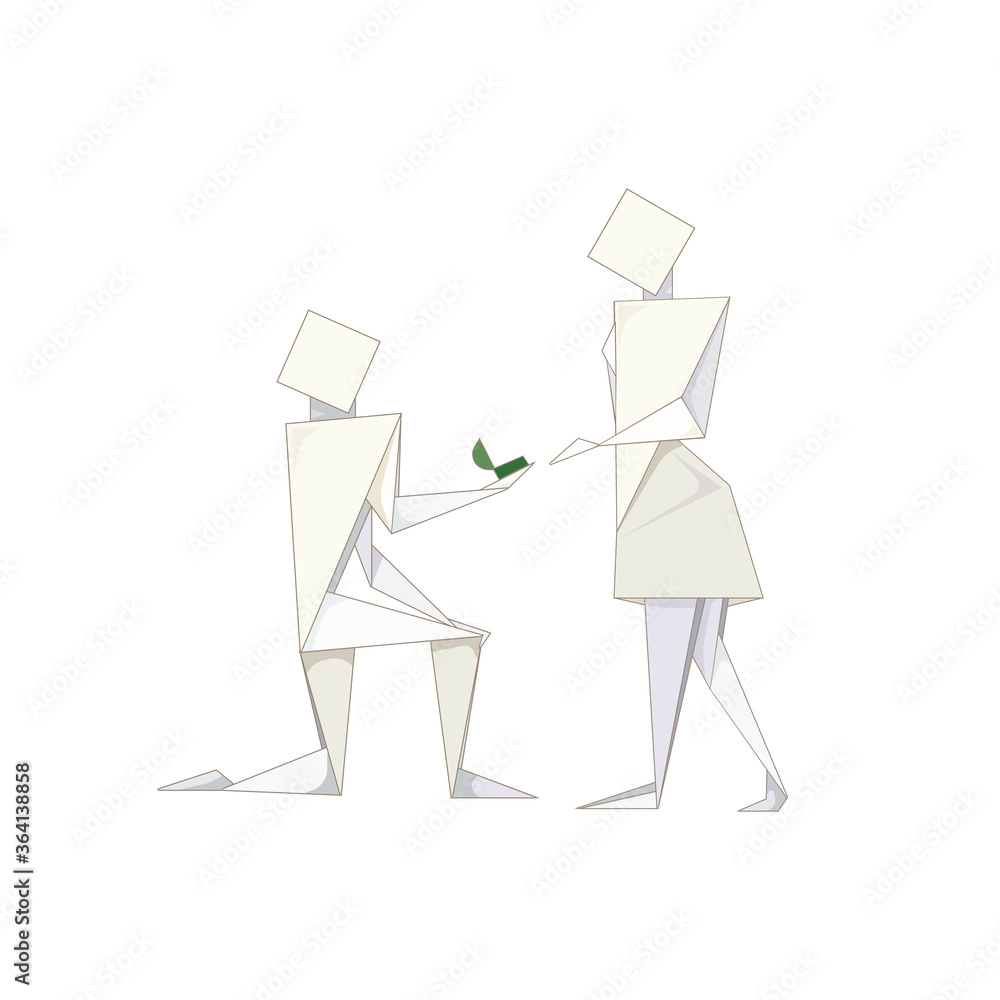 Origami man makes a proposal to his paper girlfriend on white isolated background, vector illustration for prints on clothes, booklets, postcards, note and sketchbooks or using as logos or symbols. Origami man makes a proposal to his paper girlfriend on white isolated background, vector illustration for prints on clothes, booklets, postcards, note and sketchbooks or using as logos or symbols.