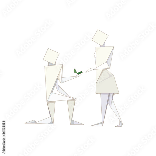 Origami man makes a proposal to his paper girlfriend on white isolated background, vector illustration for prints on clothes, booklets, postcards, note and sketchbooks or using as logos or symbols.