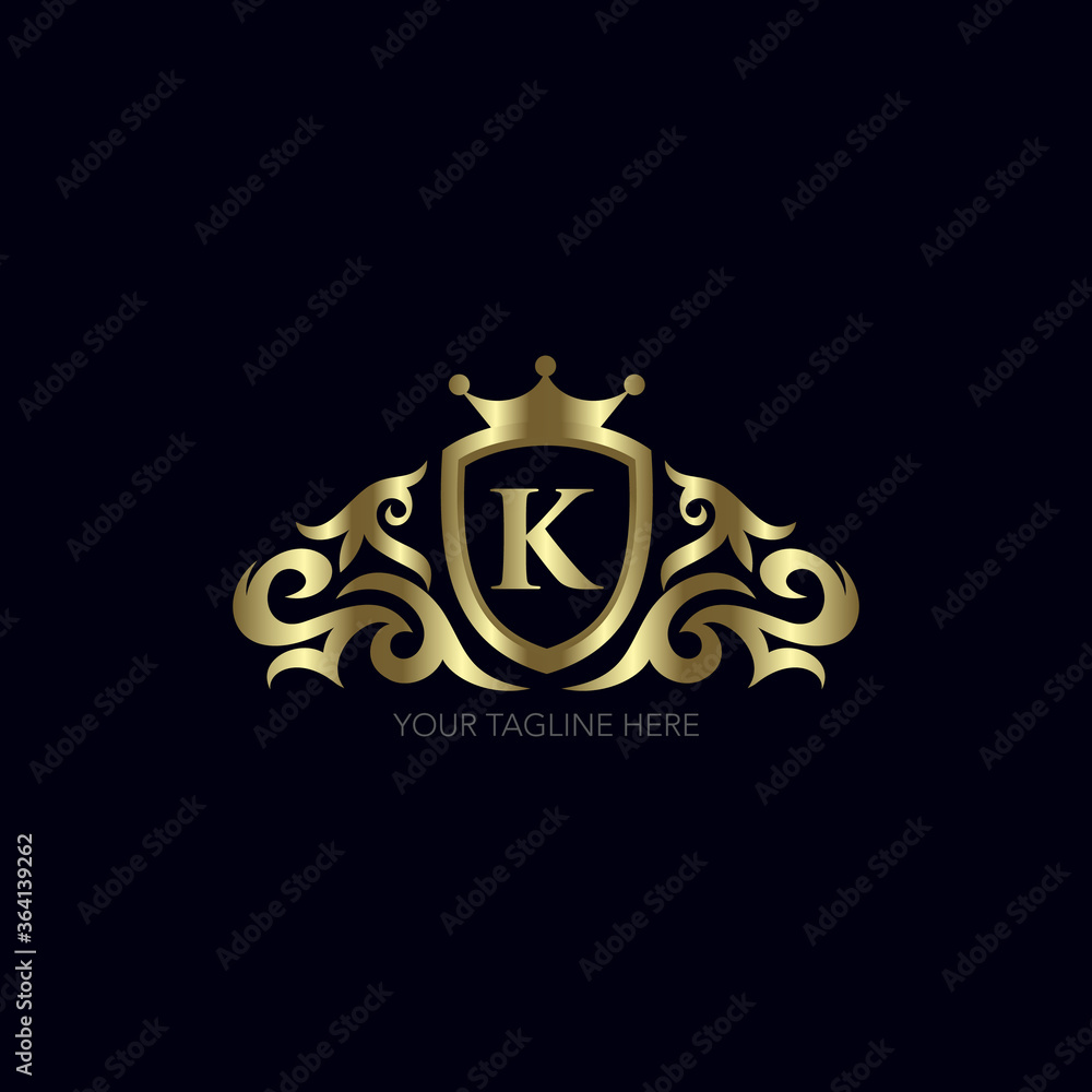 Gold letter K. Shield with crown and ornament icon