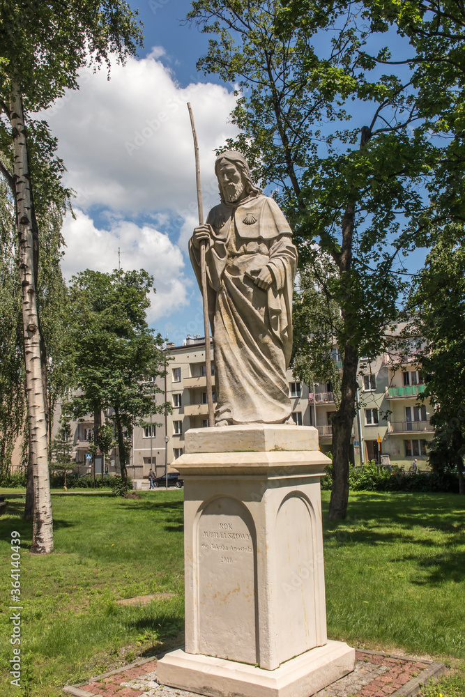 Statue of Saint James next to the church of St. Jakub in Częstochowa in Poland. The place where three pilgrimage routes descend to Santiago de Compostela