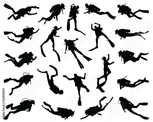 Black silhouettes of divers on a white background photo