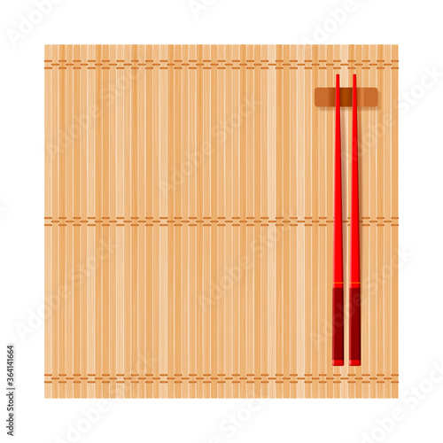 Bamboo mat and wooden Chinese chopsticks on rest. Top View. Flat lay square composition. Isolated on white background. Vector illustration.