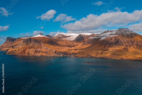 Faroe Islands aerial view with drone in daylight