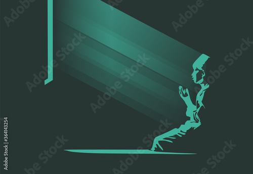 illustration of a muslim child prays in front of a window exposed to light