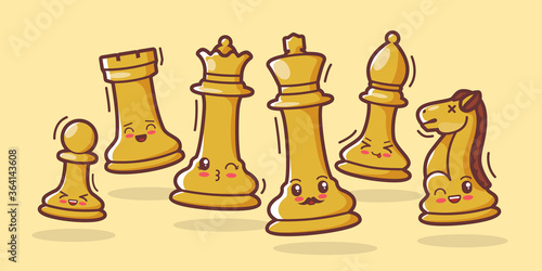 set of chess pieces cute cartoon illustration. strategy games, kawaii style in vector flat design