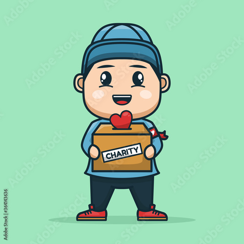 cute boy hold charity donation box. heart in box. mascot vector character design.