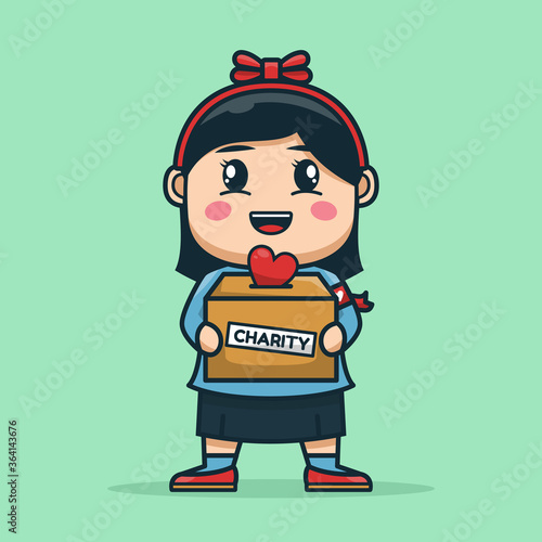 cute girl hold charity donation box. heart in box. mascot vector character design.