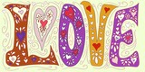 LOVE, linework, script, calligraphy, hearts and flowers retro hippie design hand drawn original artwork in different color combinations