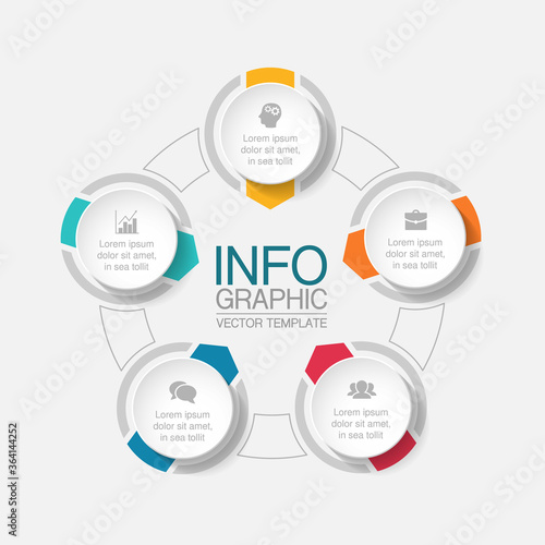 Vector infographic template, circle with 5 steps or options. Data presentation, business concept design for web, brochure, diagram.