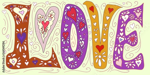 LOVE, linework, script, calligraphy, hearts and flowers retro hippie design hand drawn original artwork in different color combinations photo