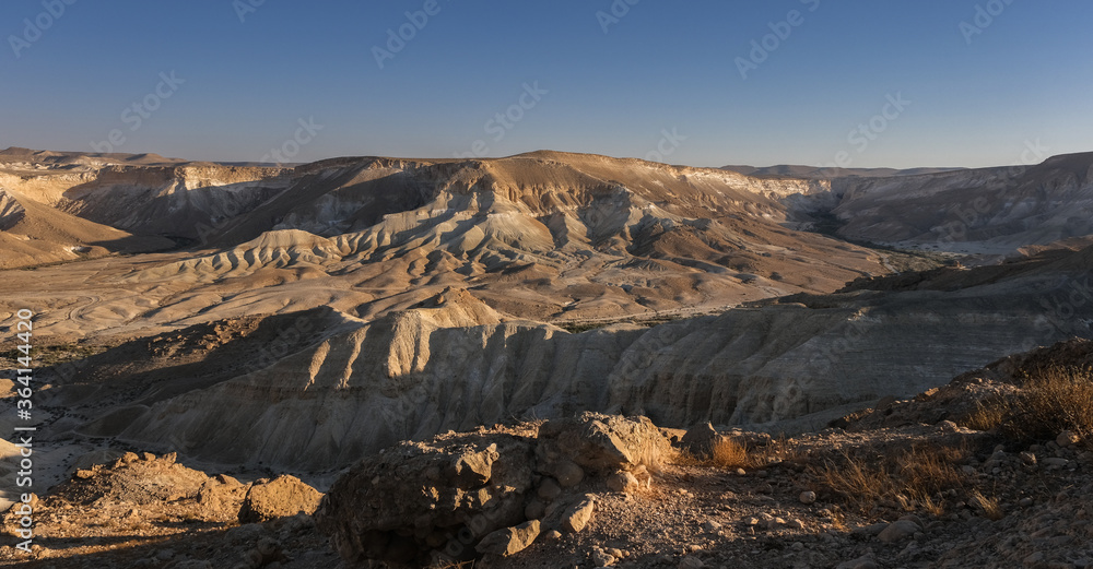View of Nahal Zin, a 120 km long intermittent stream, the largest canyon in country, as seen from Sde Boker field school, Negev desert, Israel.