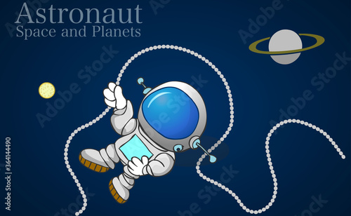 Astronaut connected to the space shuttle. Cartoon lost cosmonaut in dark sky cosmic background. Planet and satellites. Spaceman with a space suit, helmet. Astronomy illustration Vector