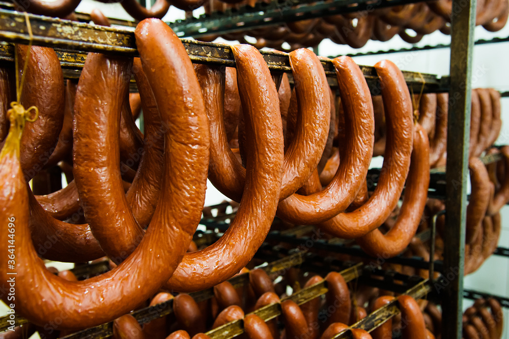 Sausage on the counter for the smokehouse Sausage on the counter for the smokehouse