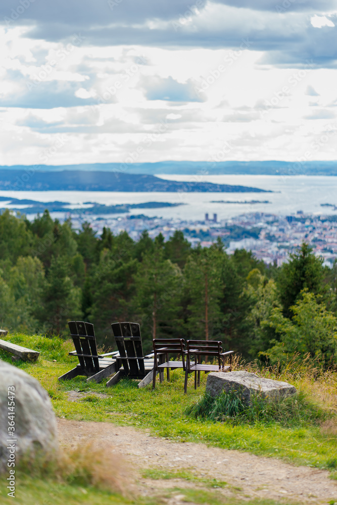 Fototapeta premium Oslo city from Grefsenkollen surrounded by fjords and sea landscape