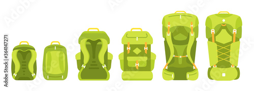 Backpack size scale. Camping bag set. Mountain hike pack-sack kit. Trekking knapsack. Tourism travel backpack baggage. Small medium and large. Flat vector.