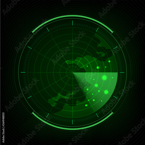 Submarine navy search, Abstract green radar with targets, Digital realistic radar screen, Military search system, Vector illustration.