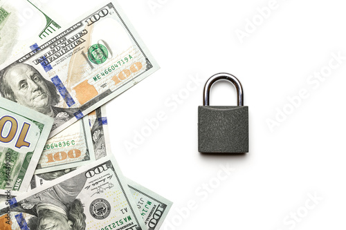 Money security. One hundred dollars of America with lock isolated on white. Usd cash money background.