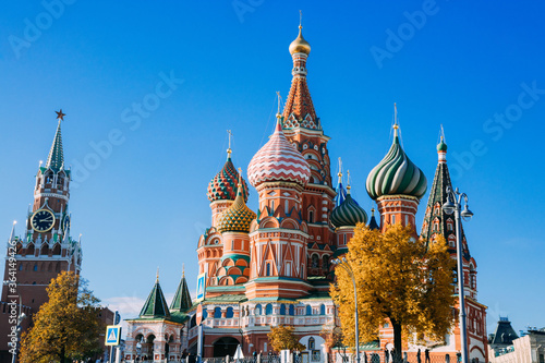 Kremlin wall and Spasskaya tower in autumn afternoon