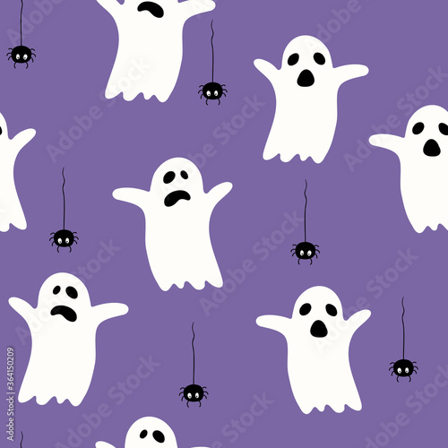 Halloween funny pattern with ghosts and spiders. Vector pattern for Halloween. Cartoon flat style. For wrapping paper, wallpaper, fabric design.