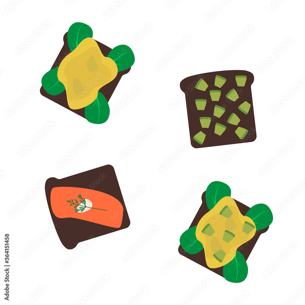 4 types of sandwich on a white background. Set of sandwiches with red fish. avocado, salmon, salmon. Vector illustration of Breakfast and lunch