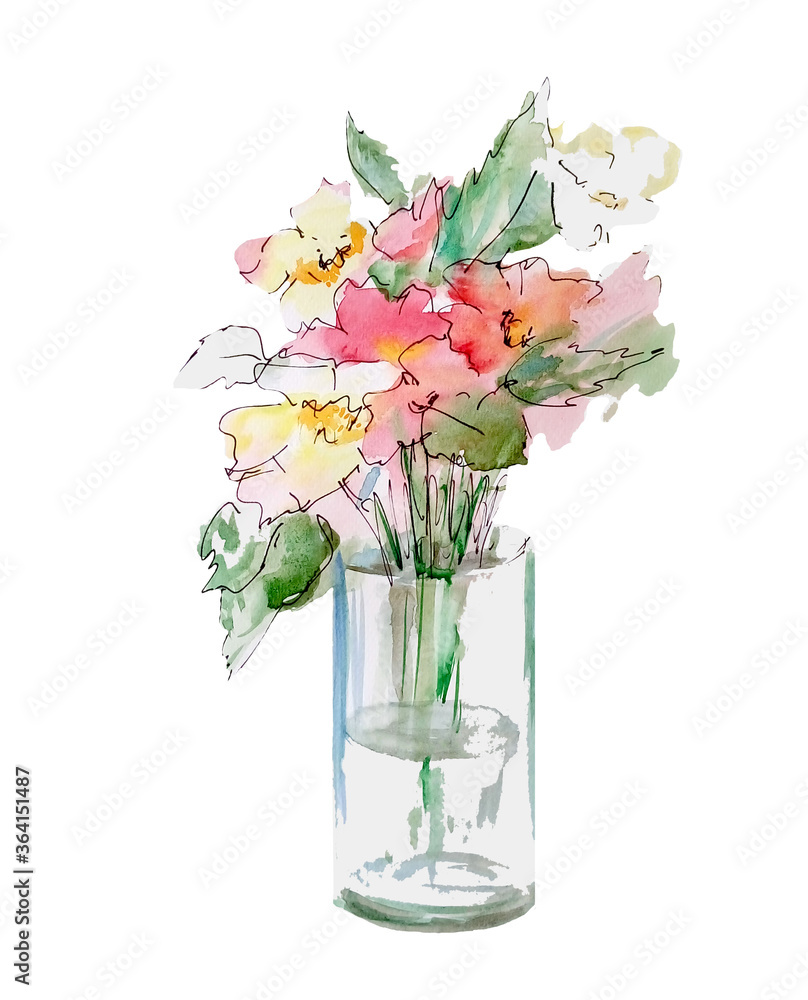 Spring watercolor flowers in vase hand painted watercolor artwork, isolate