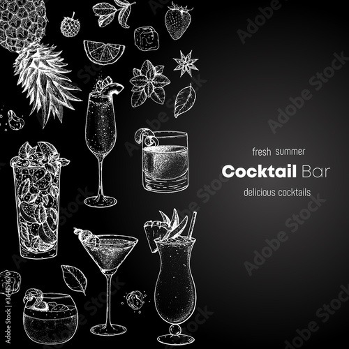 Cocktails hand drawn vector illustration. Alcoholic cocktails sketch set. Engraved style. Design template for bar. Tom collins, mai tai, manhattan, negroni, moscow mule, margarita.