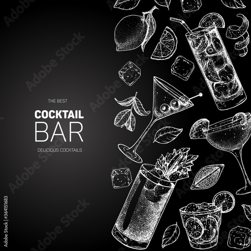 Cocktails hand drawn vector illustration. Alcoholic cocktails sketch set. Engraved style. Design template for bar. Bloody mary, dry martini, caipiroska, sidecar, long island iced tea.