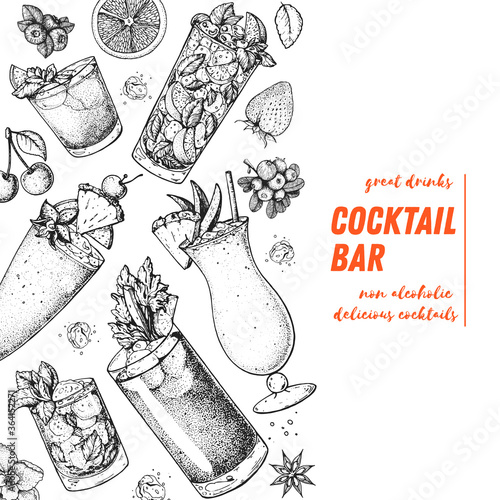 Cocktails hand drawn vector illustration. Alcoholic cocktails sketch set. Engraved style. Design template for bar. Mojito, bloody mary, pina colada, mint julep, mai tai, singapore sling.