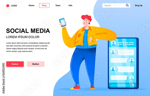 Social media flat landing page composition. Young man messaging with smartphone. Colorful people character with noise texture vector illustration. Social media marketing, online communication.