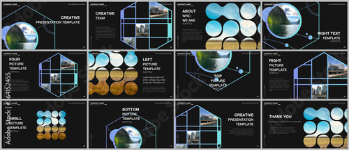 Presentation vector templates, multipurpose template for presentation slide, flyer, brochure cover design, infographic presentation. Abstract smart technology design with hexagons and place for photo.
