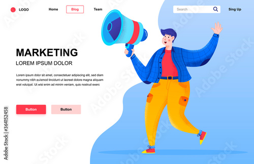 Marketing flat landing page composition. Young man speaking in megaphone. Colorful people character with noise texture vector illustration. Digital marketing campaign, announcement and promotion