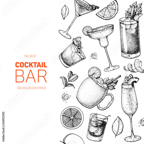 Cocktails hand drawn vector illustration. Alcoholic cocktails sketch set. Engraved style. Design template for bar. Margarita, bloody mary, moscow mule, bellini, cosmopolitan, old fashioned.
