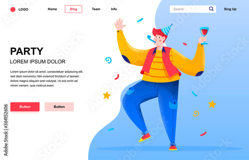 Party flat landing page composition. Guy drinking and having fun at party. Colorful people character with noise texture vector illustration. Weekend entertainment, holiday celebration and party time