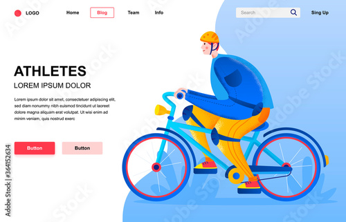 Athletes flat landing page composition. Young man in safety helmet riding bicycle. Colorful people character with noise texture vector illustration. Sport championship, biking race competition.