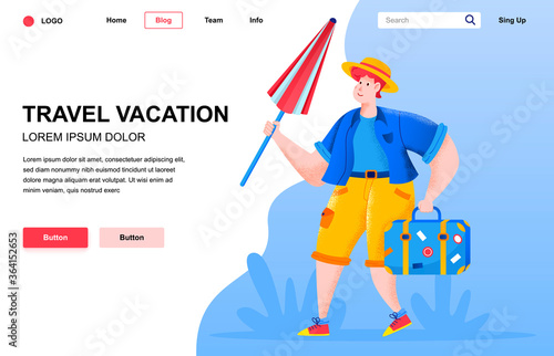 Travel vacation flat landing page composition. Happy young man holding beach umbrella and suitcase. Colorful people character with noise texture vector illustration. Beach vacation, travel and tourism