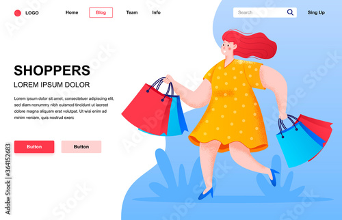 Shoppers flat landing page composition. Young woman in dress walking with shopping bags. Colorful people character with noise texture vector illustration. Seasonal discount offers and weekend shopping