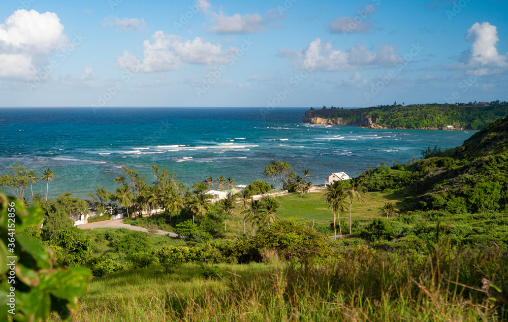 Scenic view from a hill overlooking the idyllic tropical coastline of Barbados.