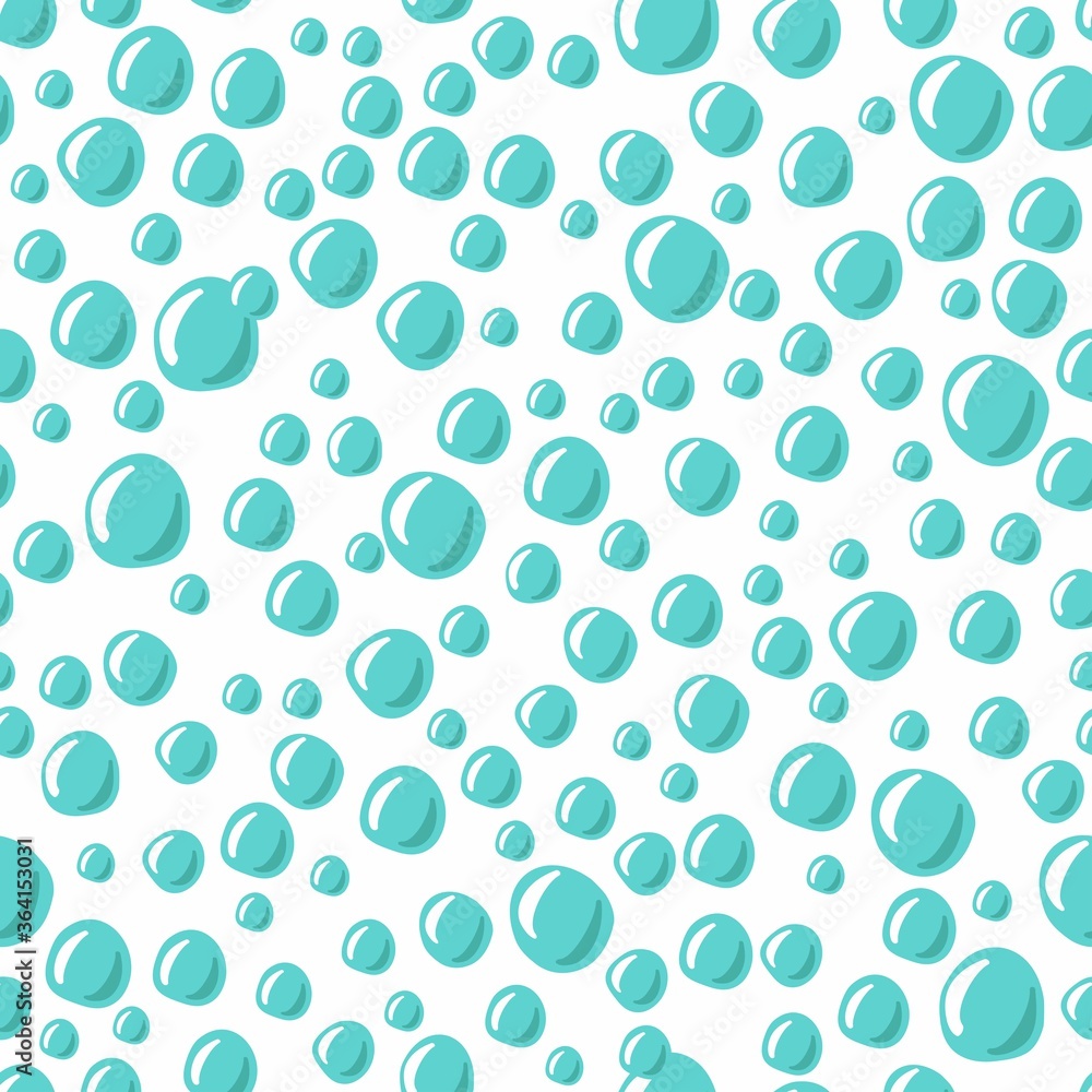 Soap or water bubbles seamless pattern. Cartoon vector illustration. Hand drawn, sketch style, isolated on white background. Teal white color bubbles texture. Abstract effervescent effect wallpaper