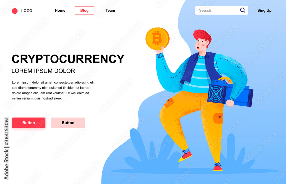 Cryptocurrency flat landing page composition. Guy holding golden bitcoin and mining farm equipment. Cryptocurrency mining and trading. Colorful people character with noise texture vector illustration.