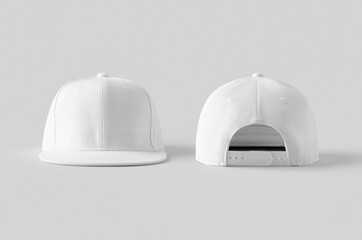 White snapback caps mockup on a grey background, front and back side.