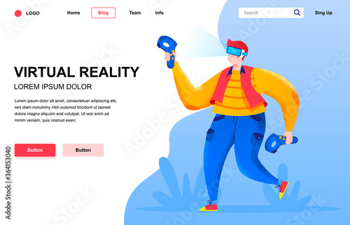 Virtual reality flat landing page composition. Young man standing with VR goggles and keep joysticks. Colorful people character with noise texture vector illustration. Modern digital entertainment.