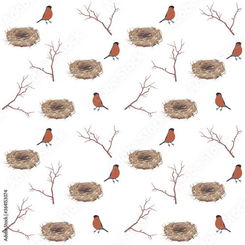 Seamless pattern with birds / bullfinches, bird nests and branches on white background. Repetitive vector illustration.