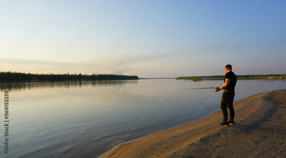 summer landscape sunset river fisherman fishing rod