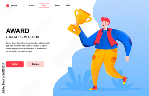 Award flat landing page composition. Happy guy holding golden trophy cup. Colorful people character with noise texture vector illustration. Personal challenge and celebration of achievements.