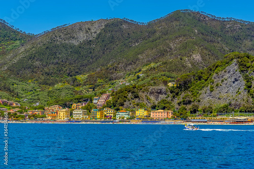 A panorama view along the beach of Monterosso, Italy in summertime