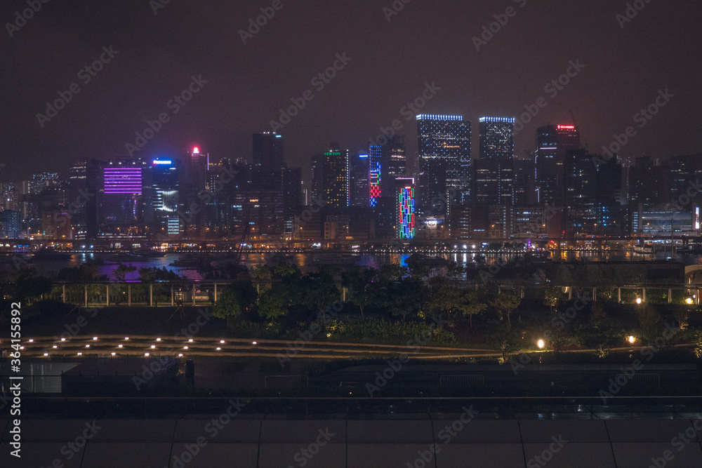 Buildings light at night, city of Hong Kong China.