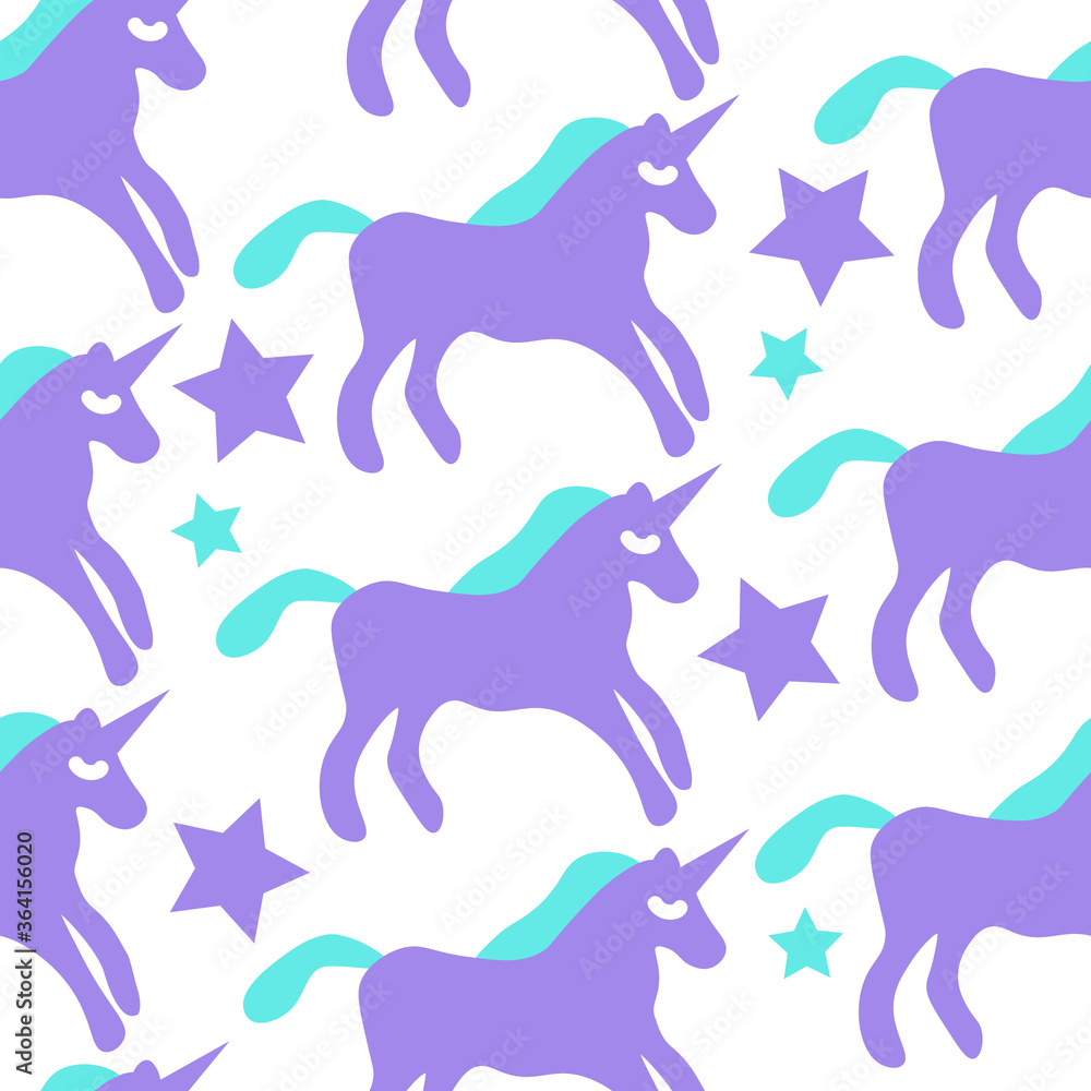 Seamless pattern with lilac / turquoise unicorns and stars on transparent background. Repetitive flat vector illustration.