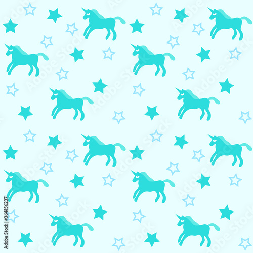 Fototapeta Naklejka Na Ścianę i Meble -  Seamless pattern with turquoise unicorns and stars. Repetitive flat vector illustration.
