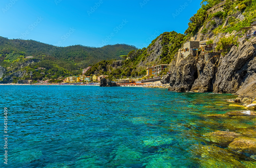 A view from the harbour towards the beach in Monterosso, Italy in the summertime