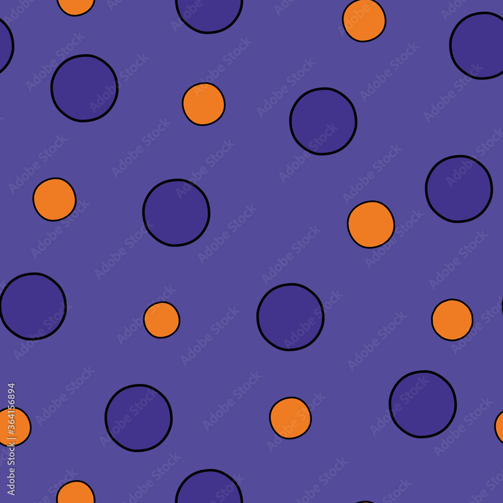 Purple and orange polka dots seamless vector pattern. Toxic toadstools inspired surface print design for halloween fabrics, stationery, and packaging.